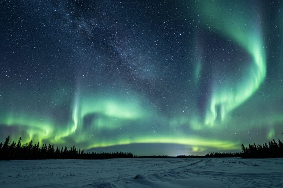 Northern lights over a snowy Peace Country field near Grande Prairie, Alberta