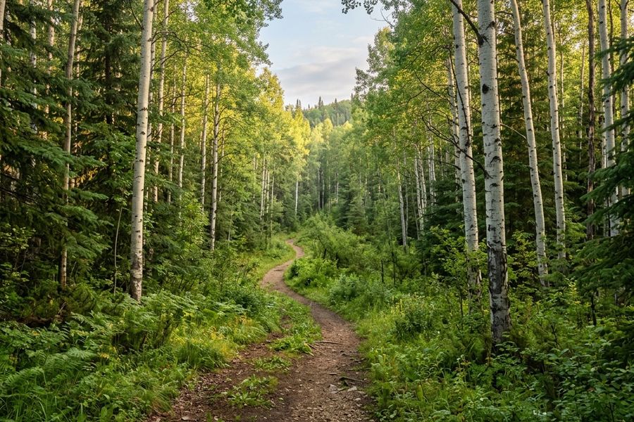 Aspen forest trail in a northern Alberta river valley near Grande Prairie