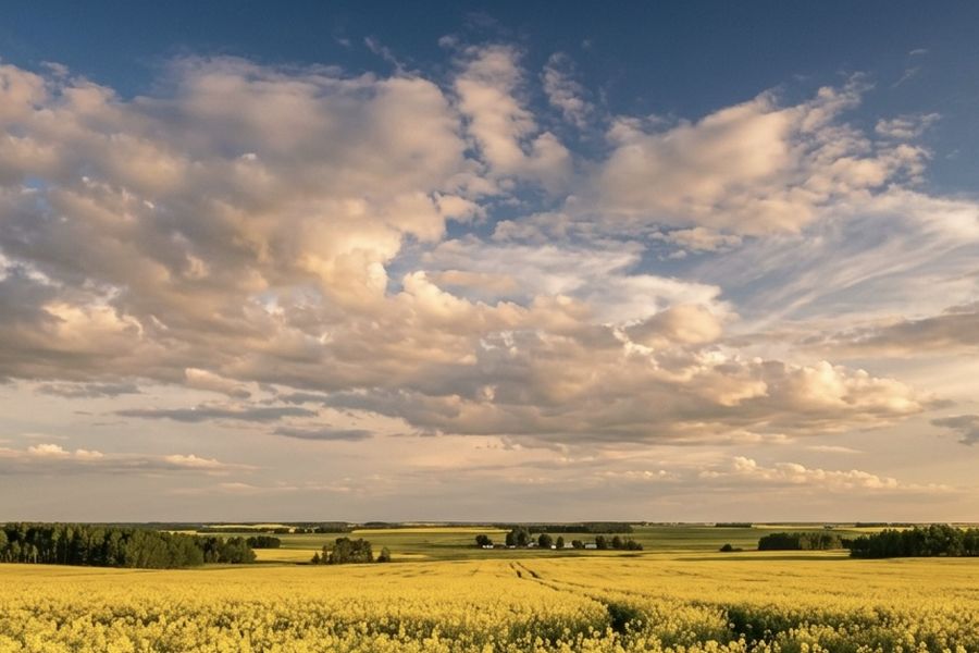 Golden canola field under a big prairie sky near Grande Prairie, Alberta