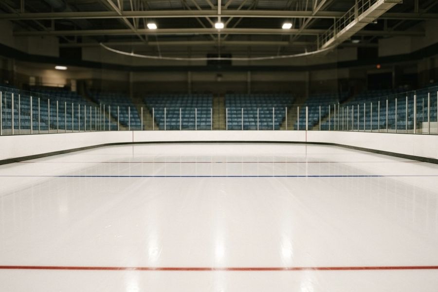 Empty hockey arena with freshly resurfaced ice in Grande Prairie, Alberta