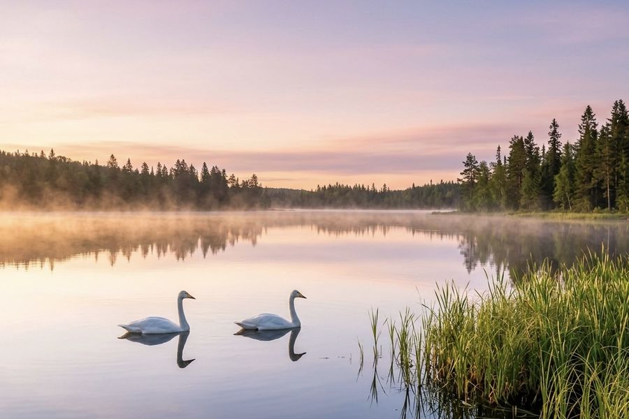 Two trumpeter swans on a misty lake at sunrise near Grande Prairie, Alberta